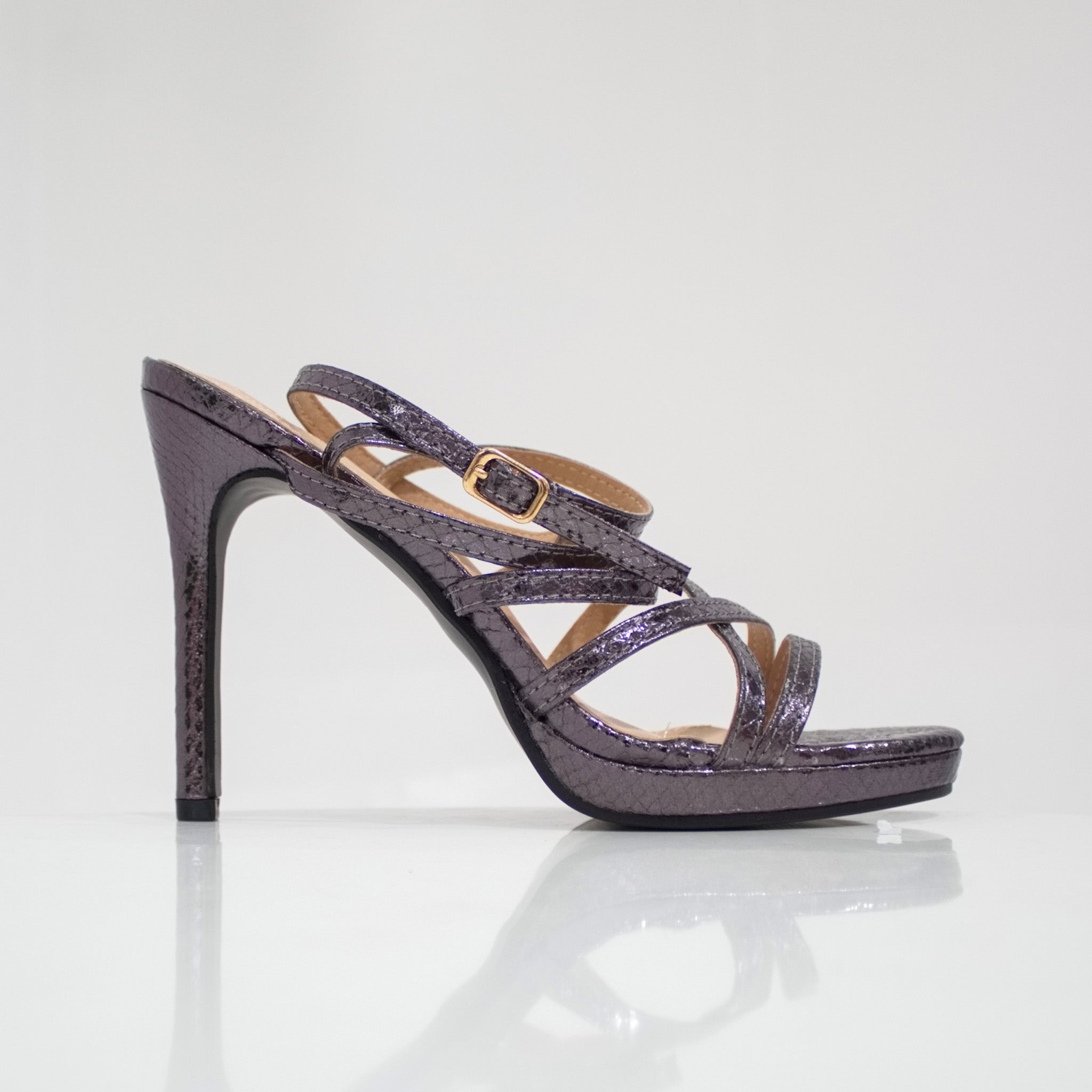 pewter strappy ankle strap sandal on a 11cm heel