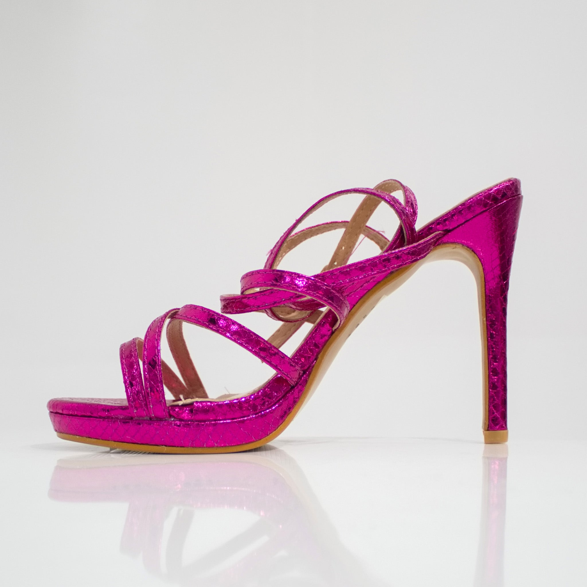 Fuchsia strappy ankle strap sandal on a 11cm heel nosipho