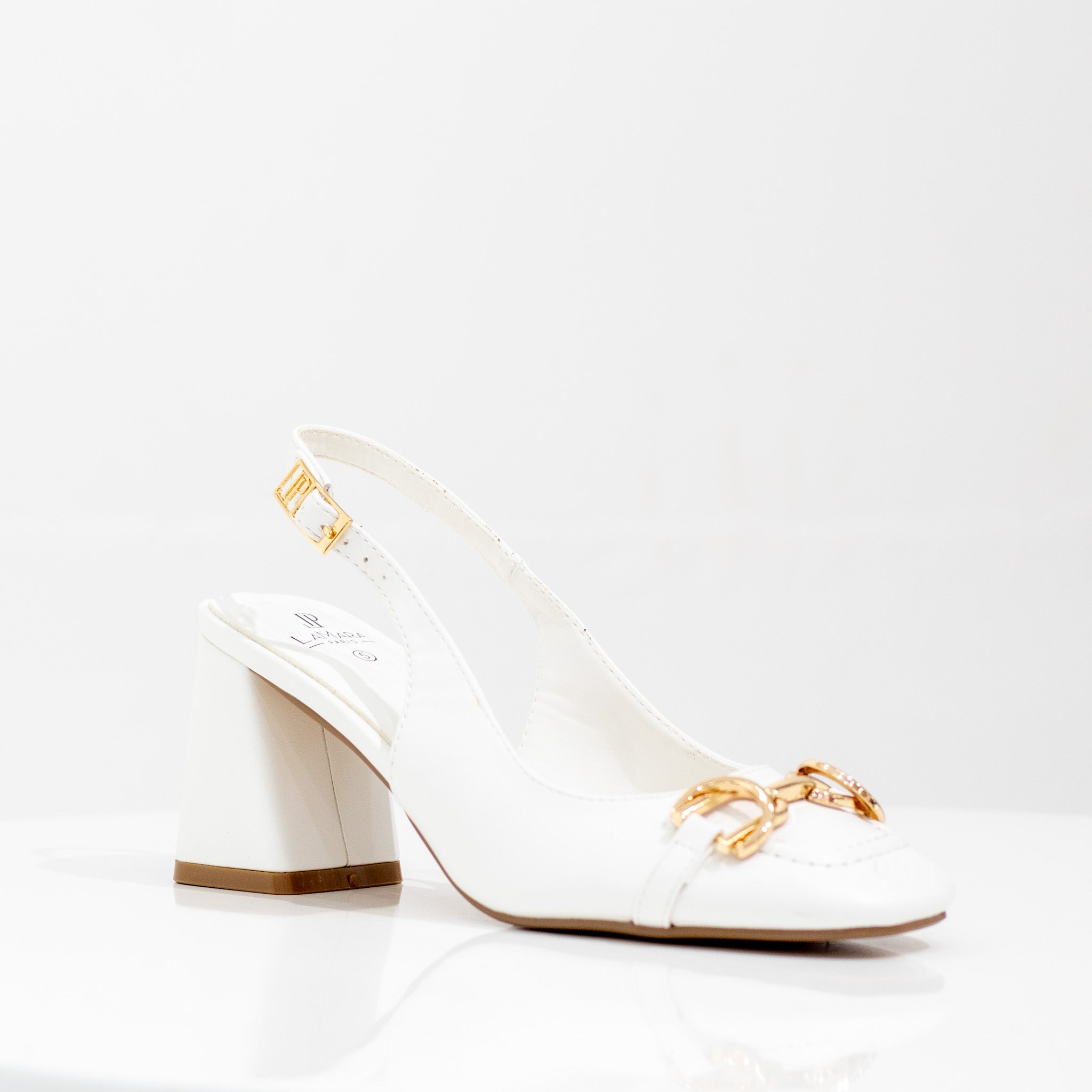 white  7cm heel pleather slingback with trim pumps 
