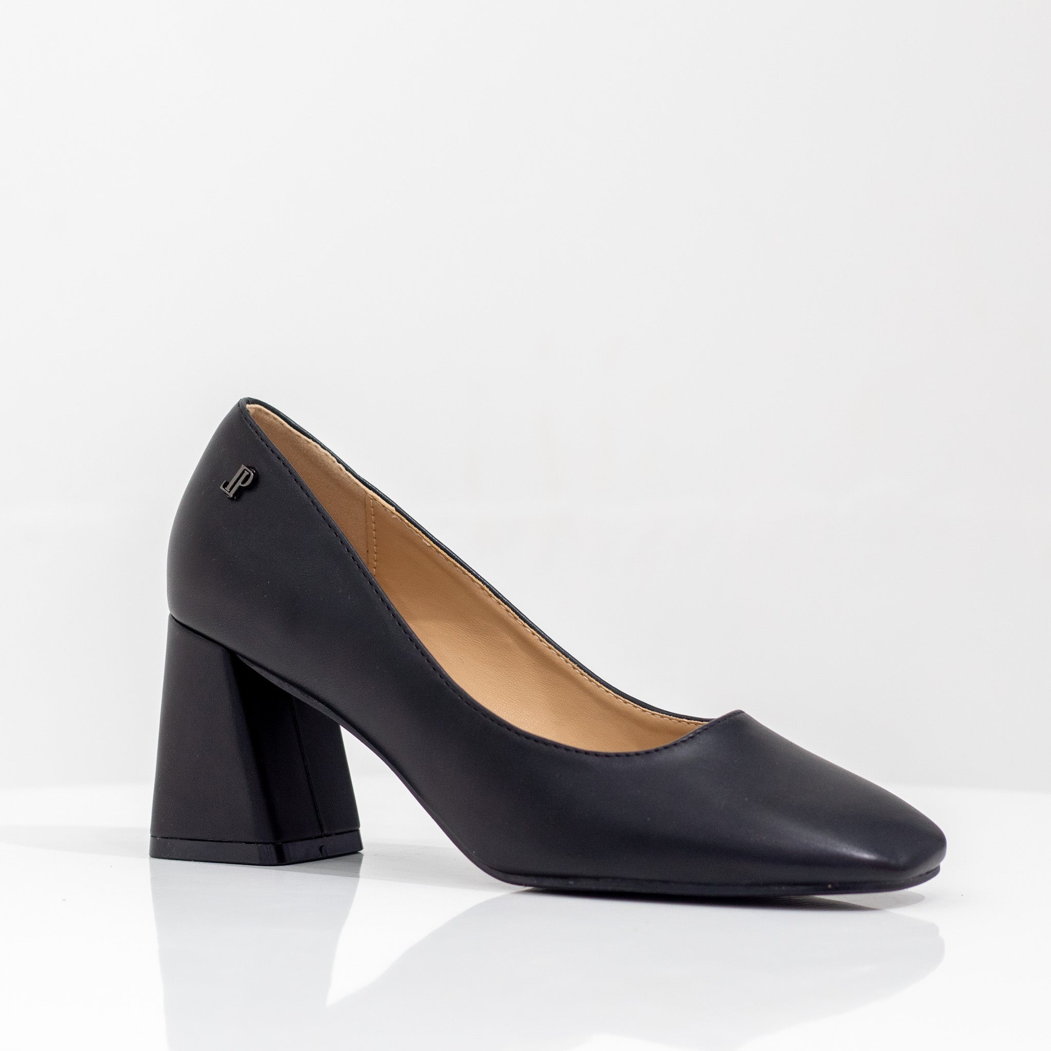 black  7cm block heel PU court shoe