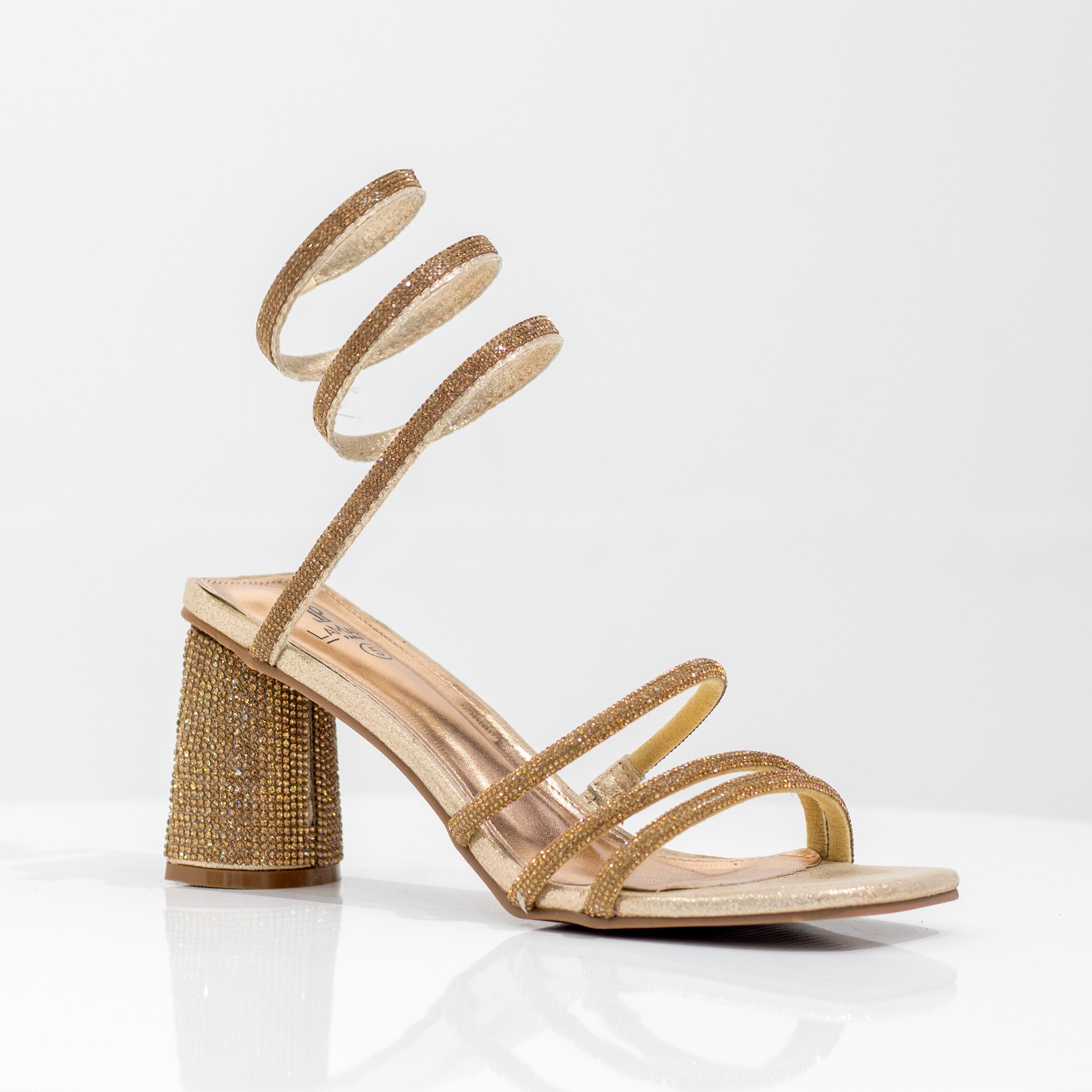 Suhana 2 band diamante spiral sandal on 7cm heel gold
