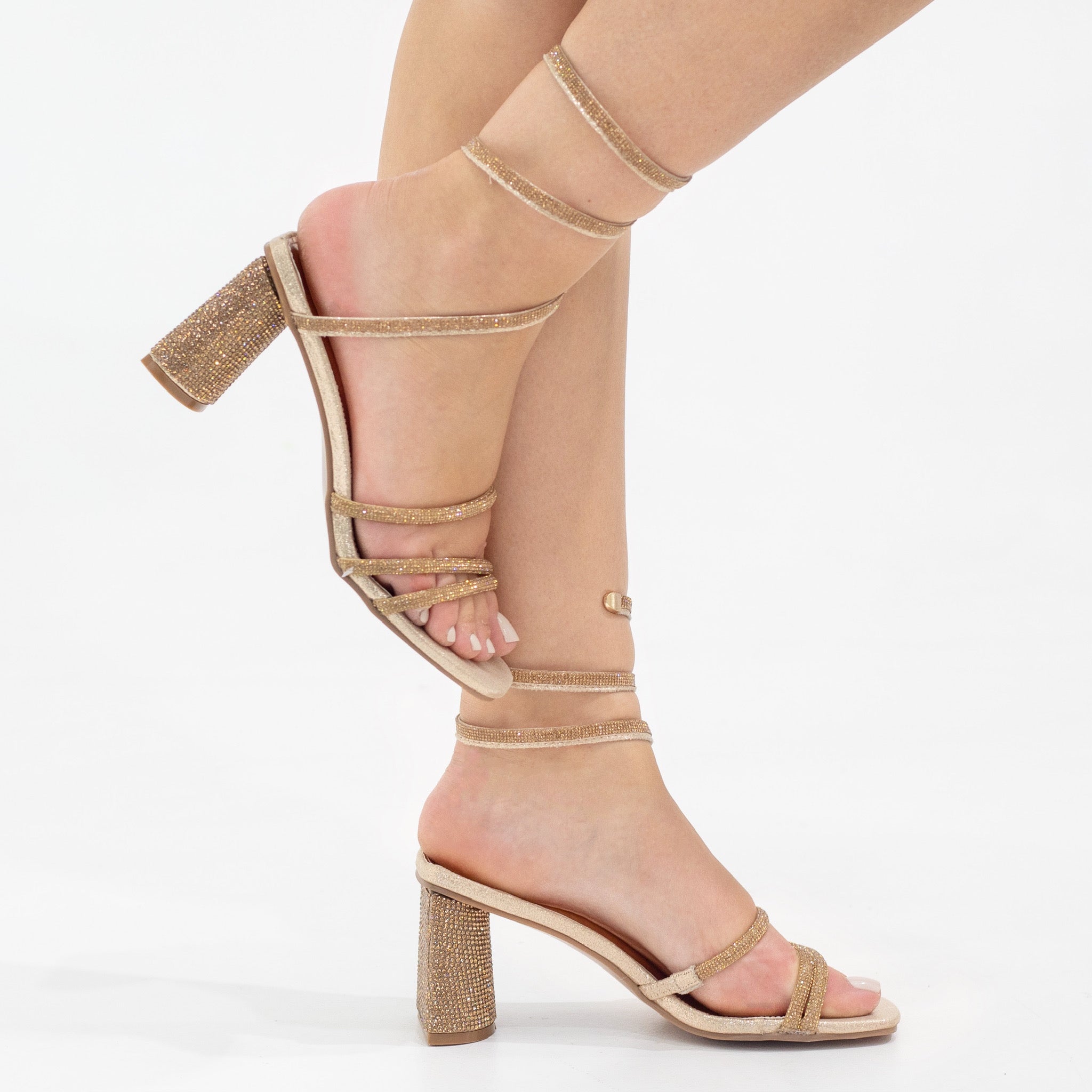 Rose Gold Diamanté Spiral Strap Stiletto Heel Sandals