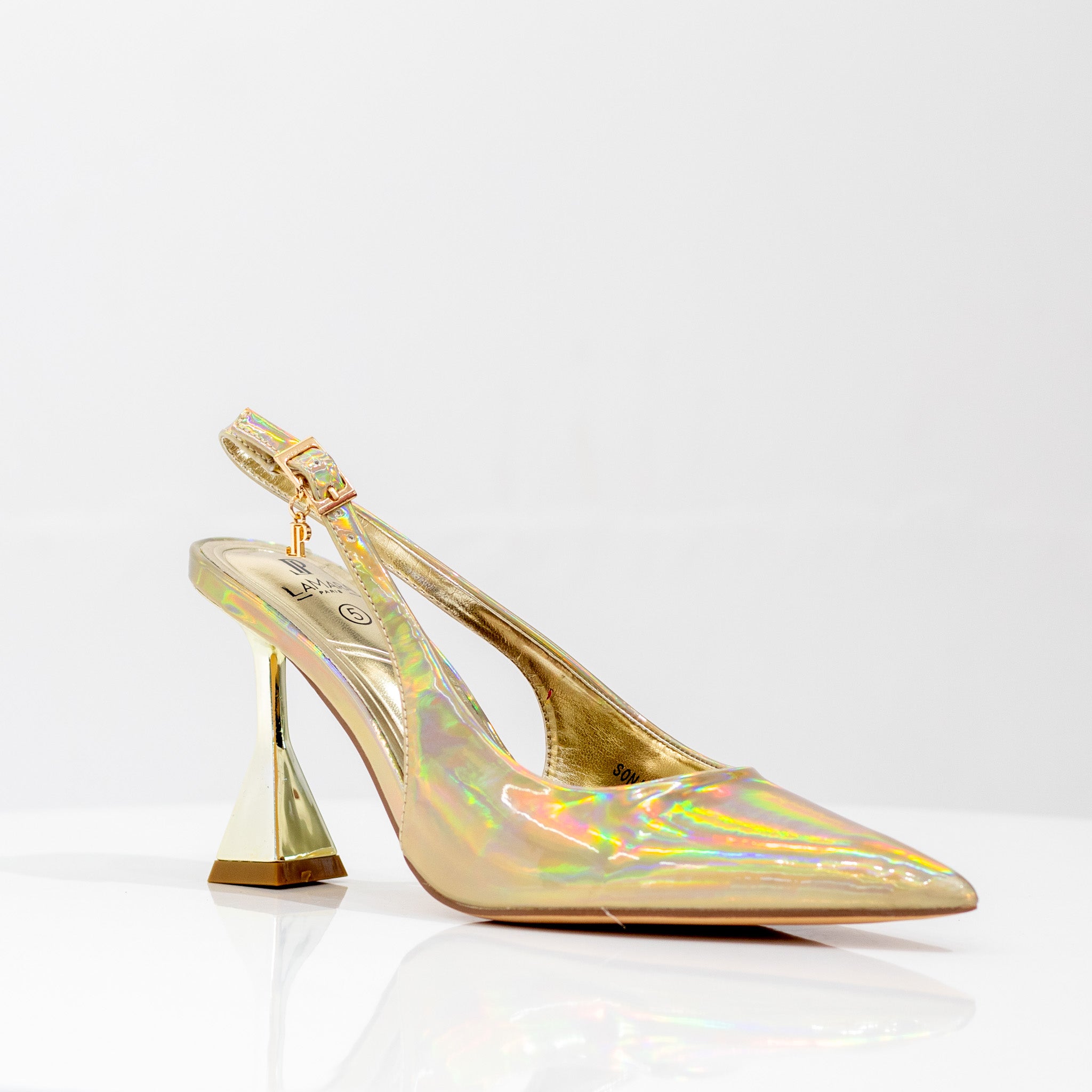 gold 7cm spool heel sling back pump