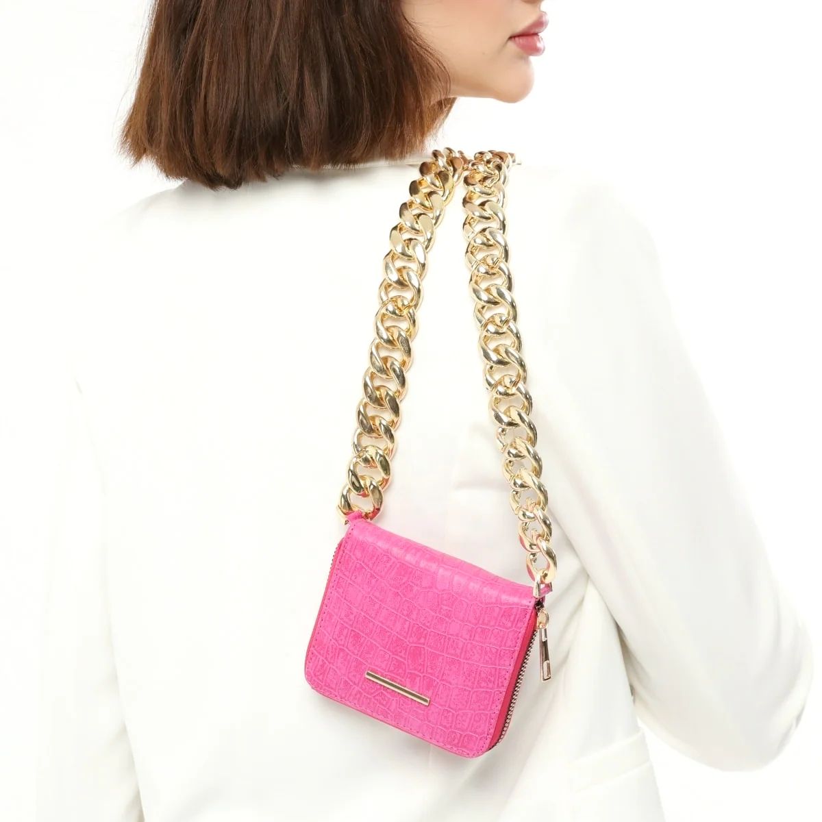 she's convenient leather chain holder wallet pink