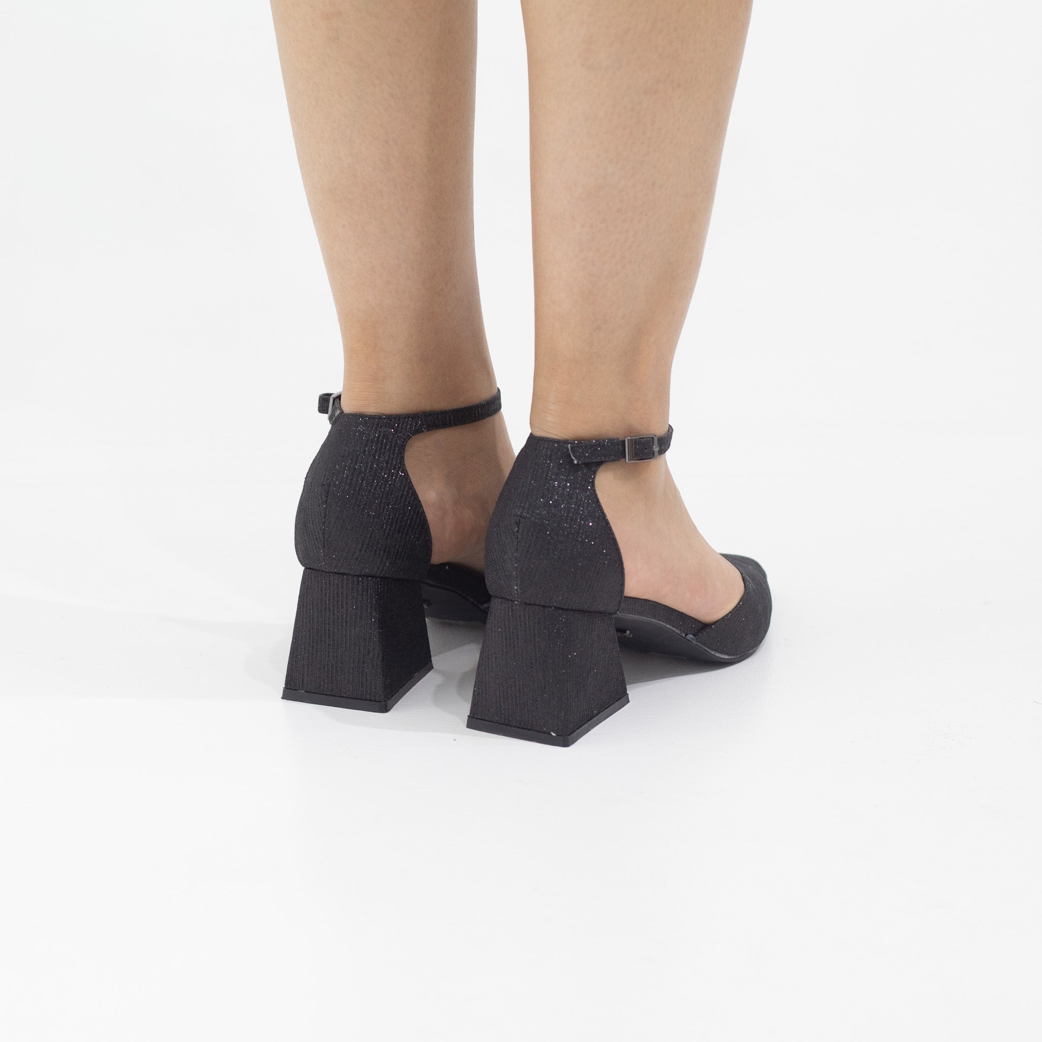 Black 6cm heel open waist ankle shimmer strap pointy mibala
