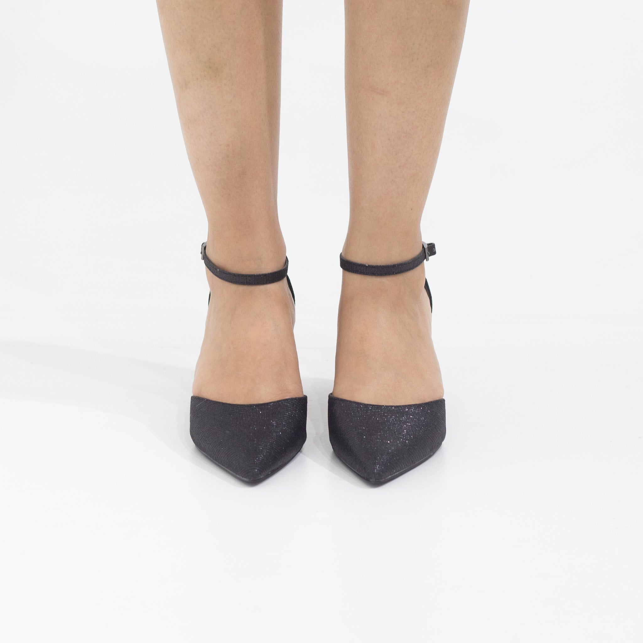 Black 6cm heel open waist ankle shimmer strap pointy mibala