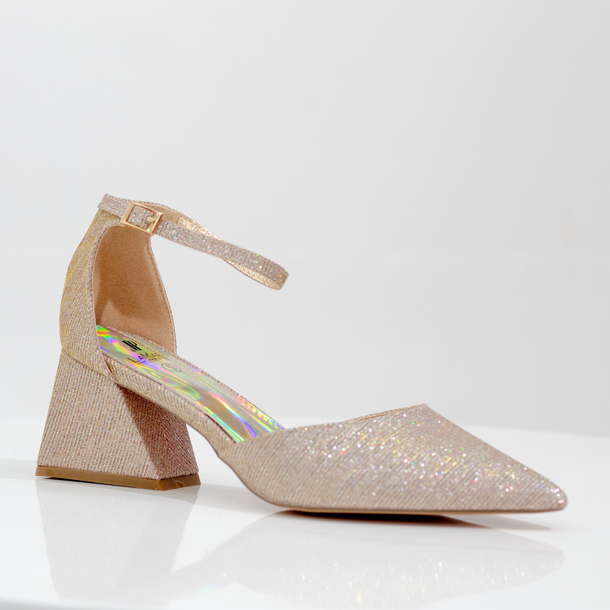 mid heel open waist ankle shimmer strap pointy champagne