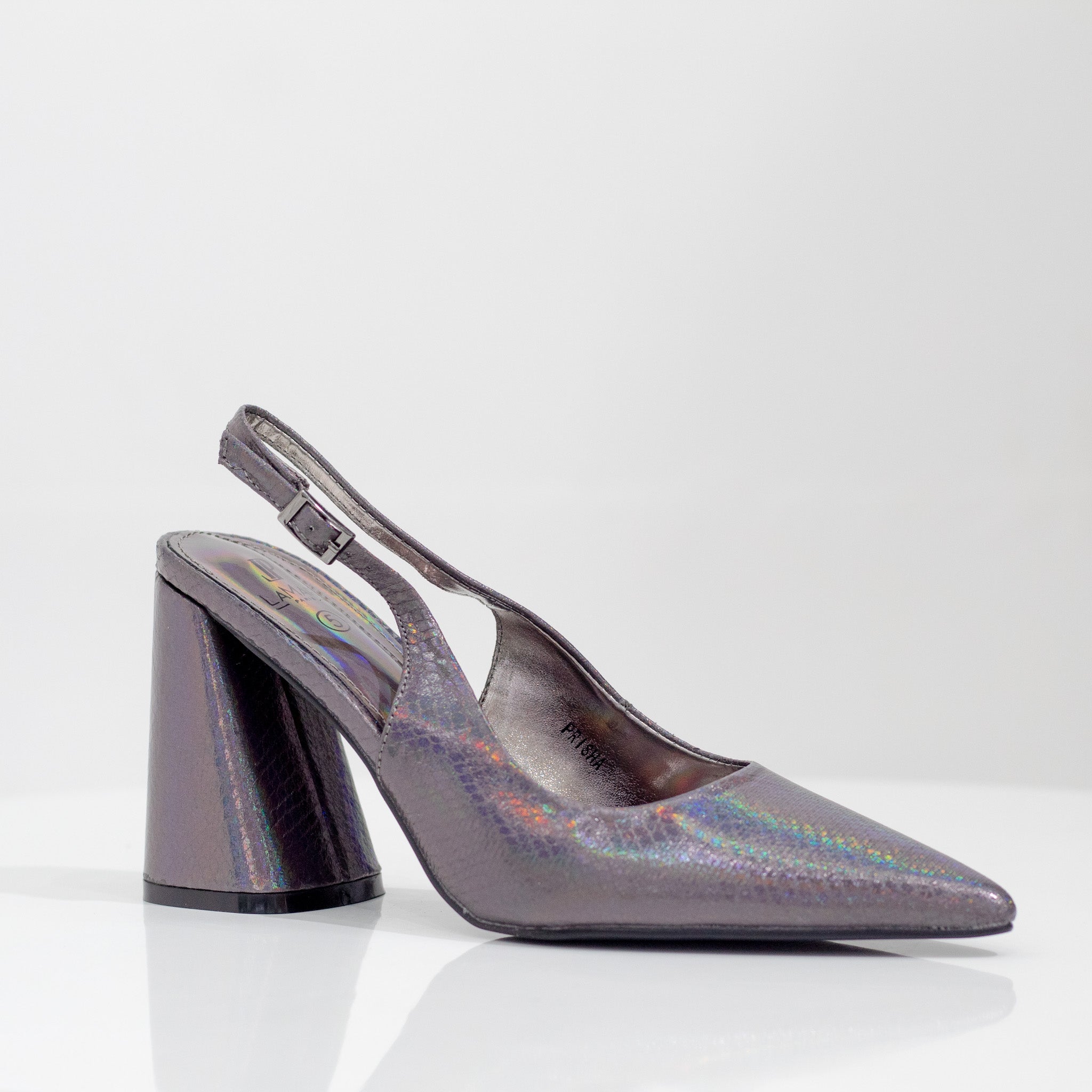 pewter pointy sling back on a block heel 