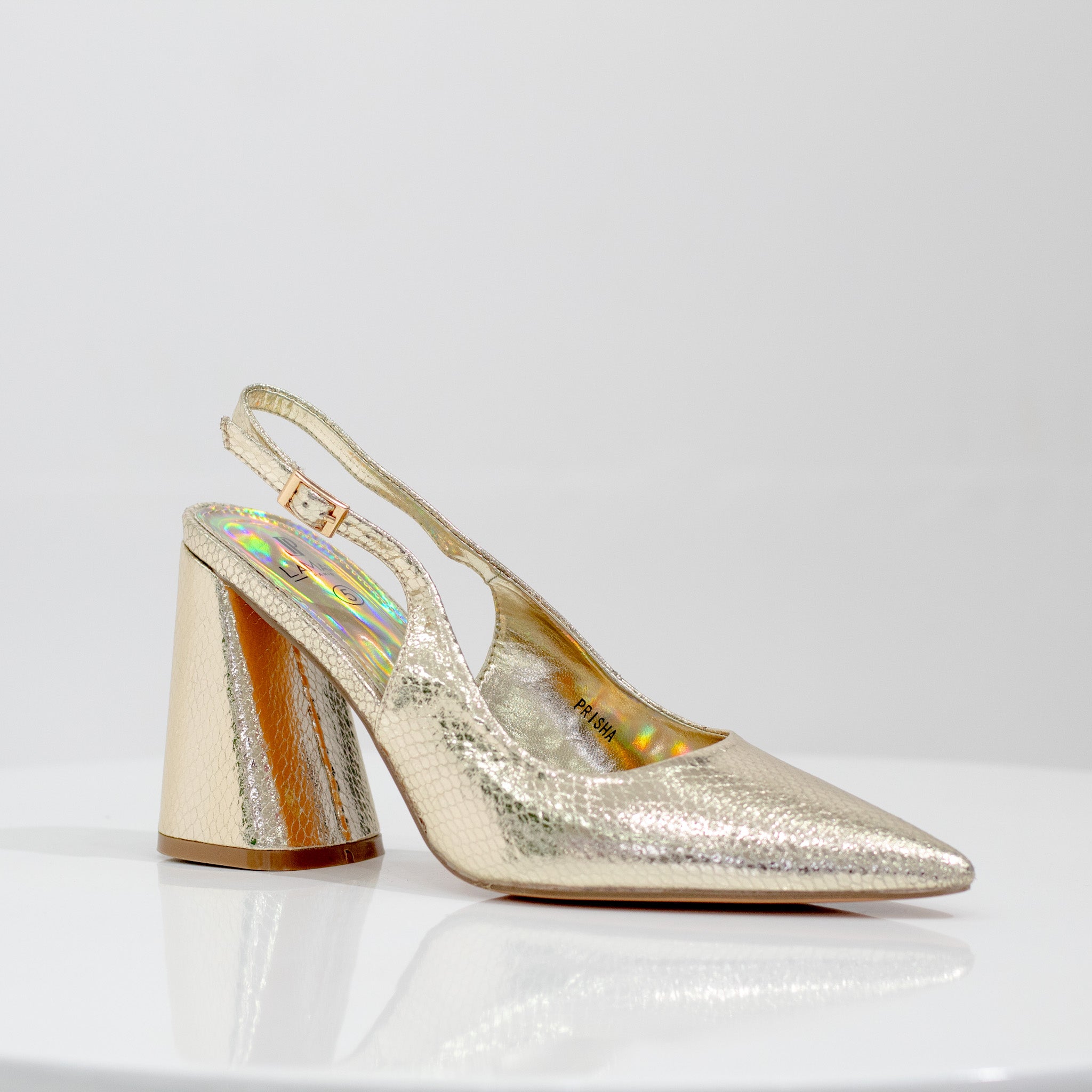 pointy sling back on a block heel gold