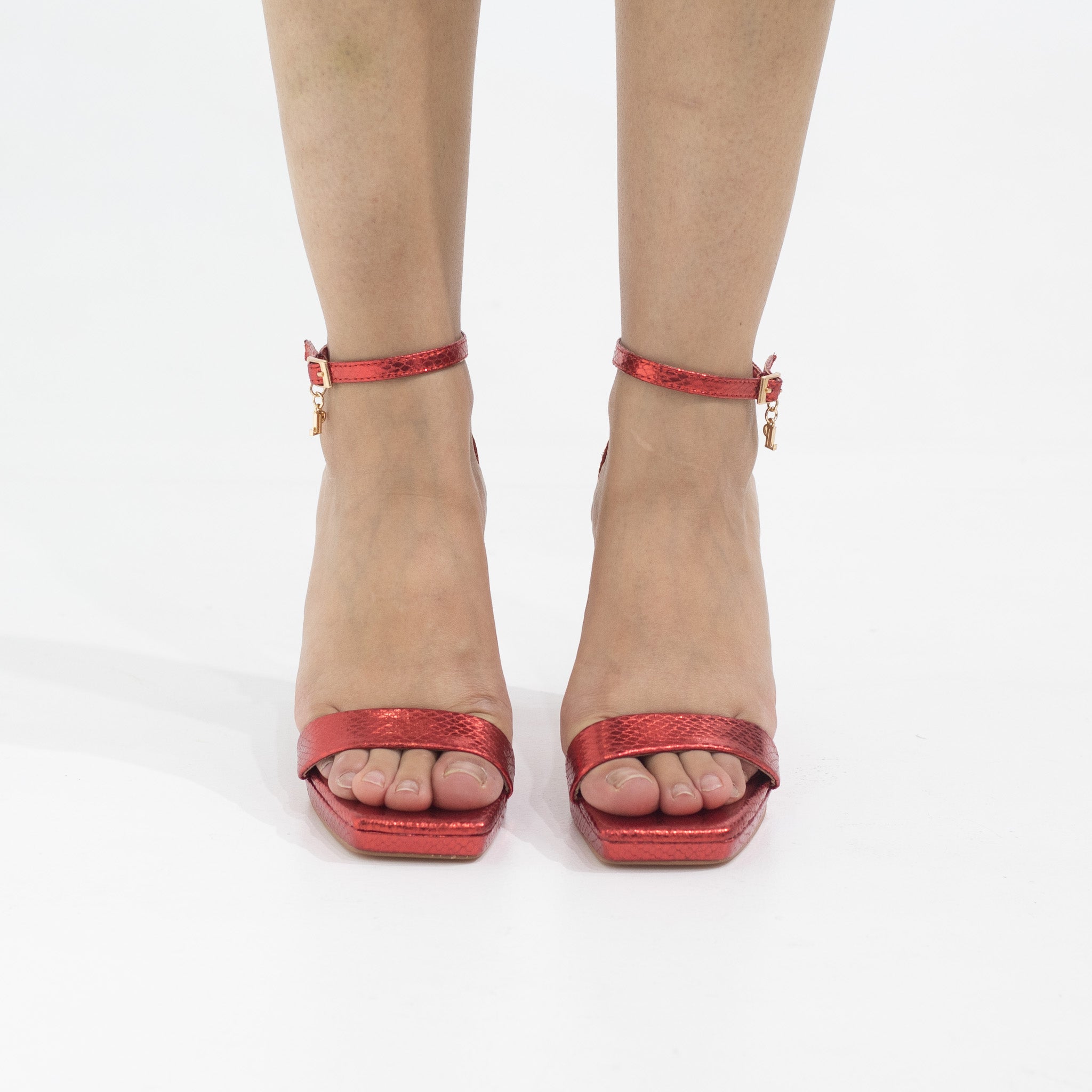 Red one band ankle strap 10cm high heel sandal roshni