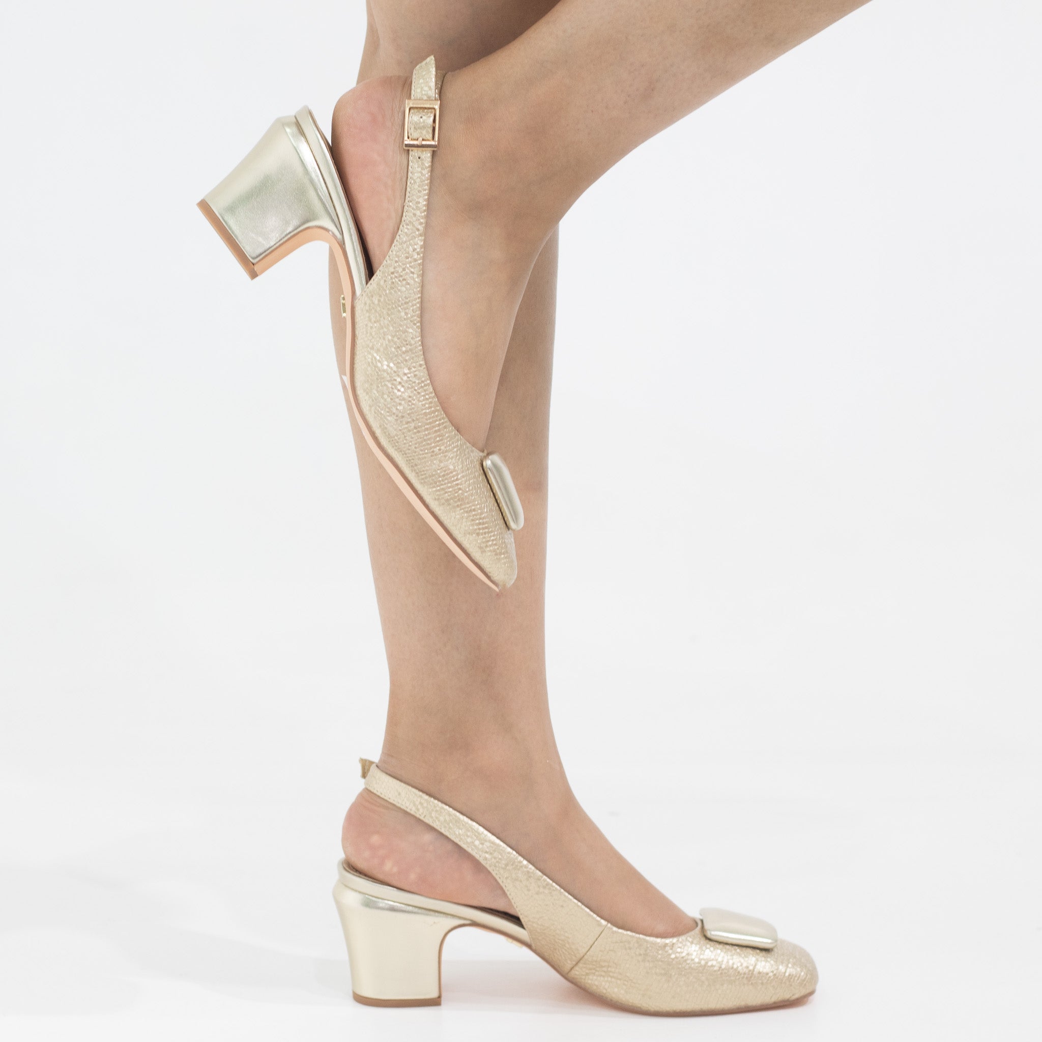 Blaze block 5.5cm heel sling back with sqr trim pumps gold