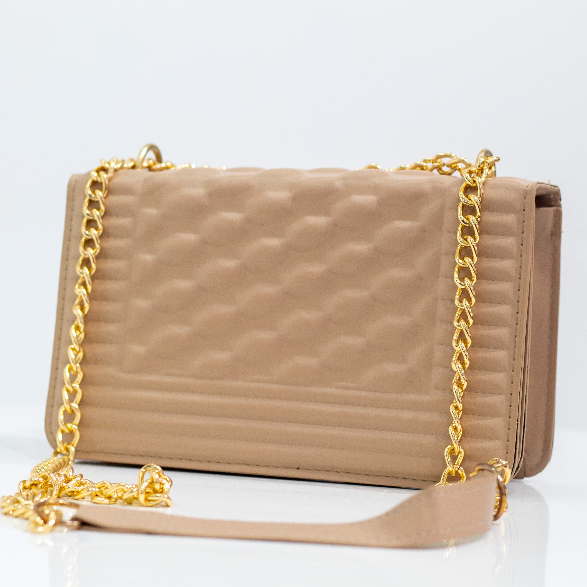 Beige weaved gold chain convertible handbag ilka