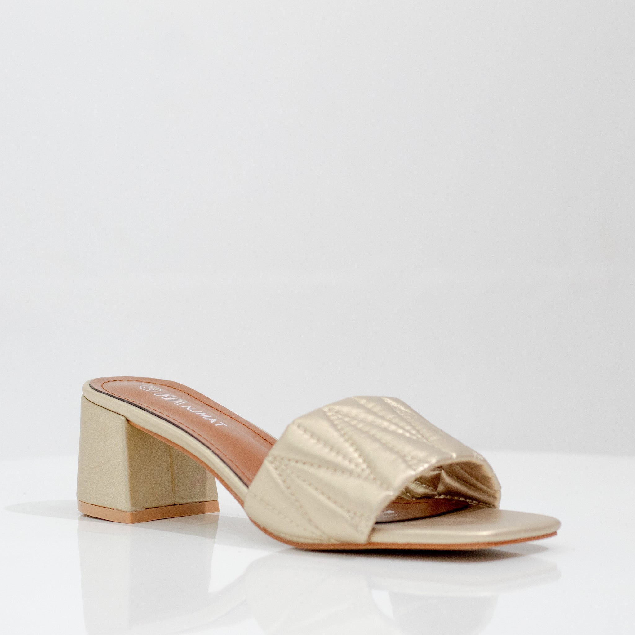 gold block heel weaved slide