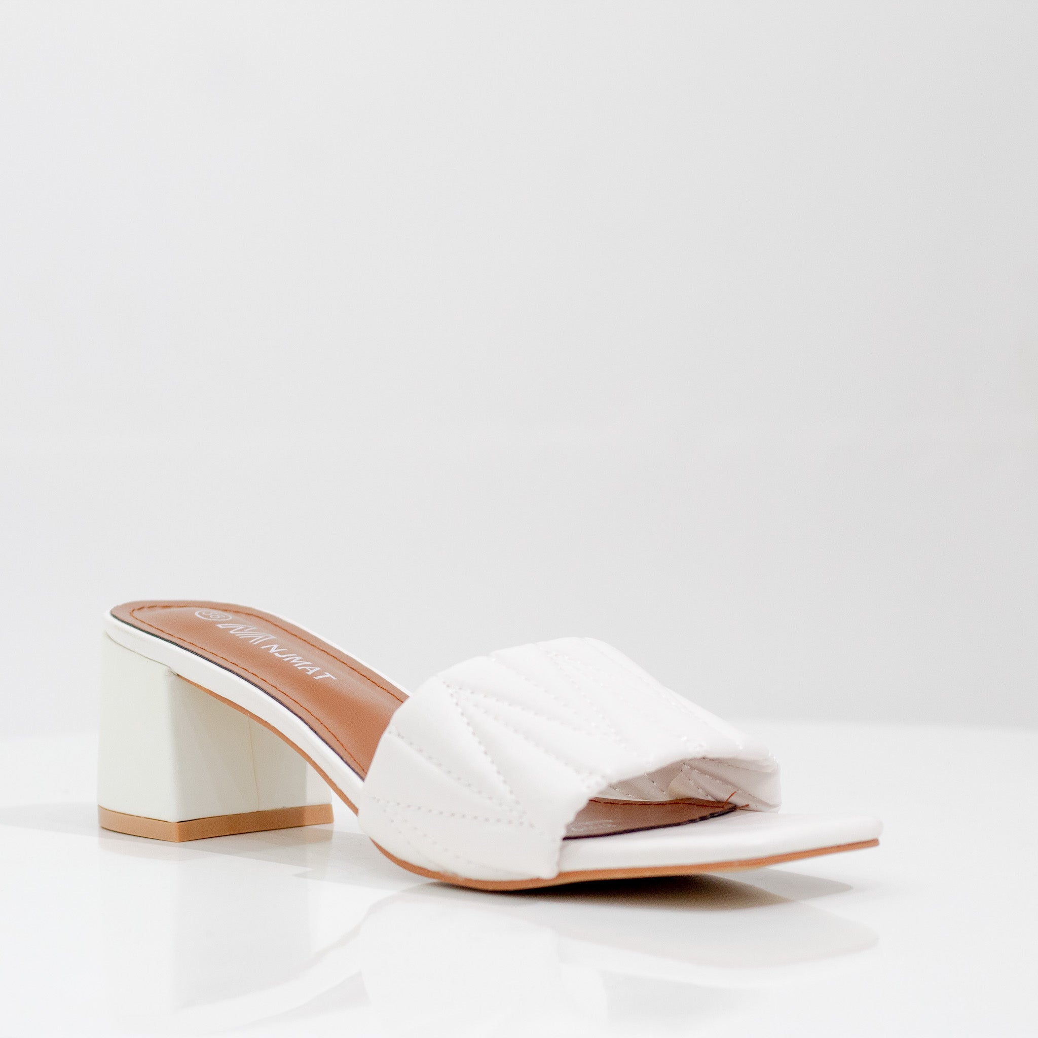 white block heel weaved slide