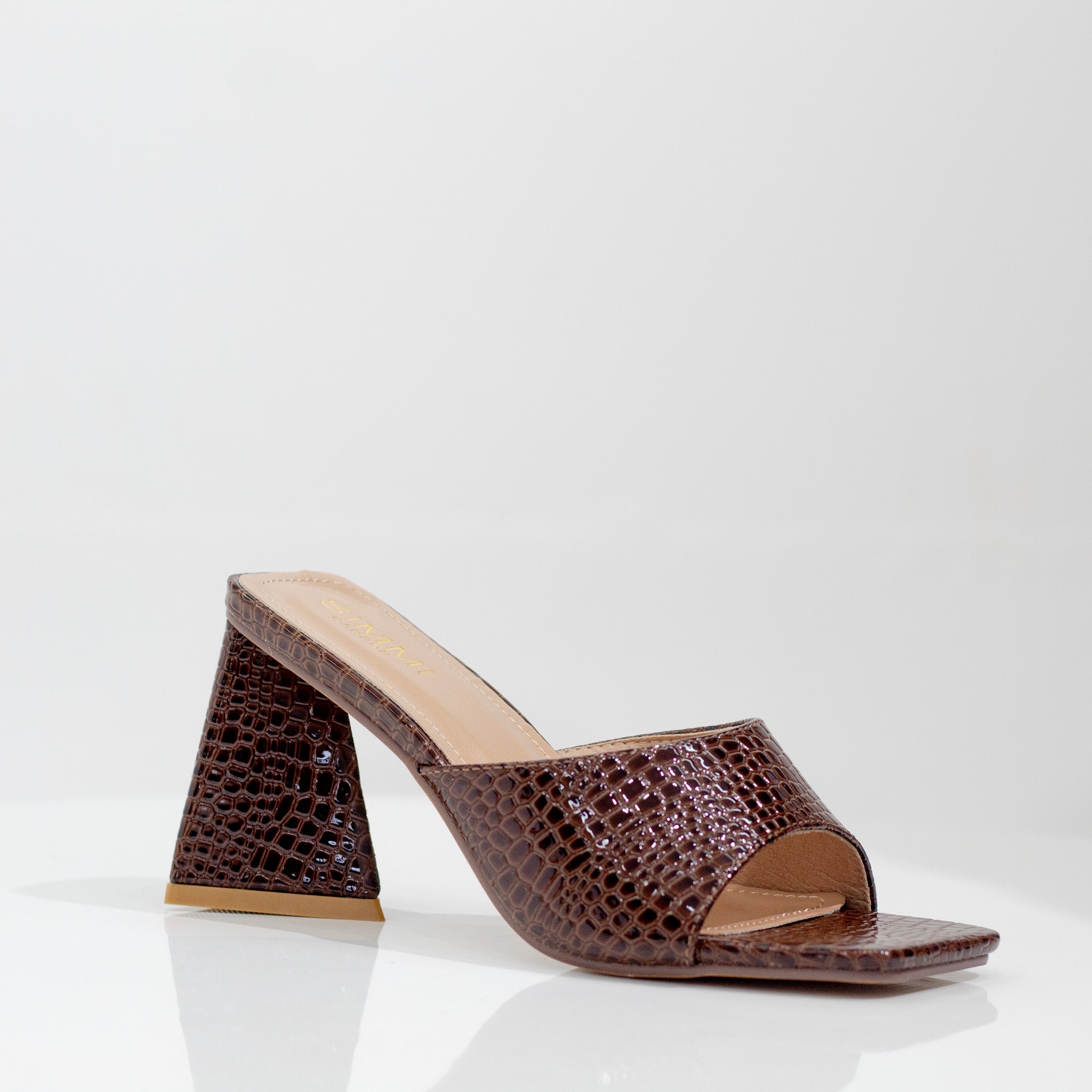 one band croc slide on 8cm heel brown