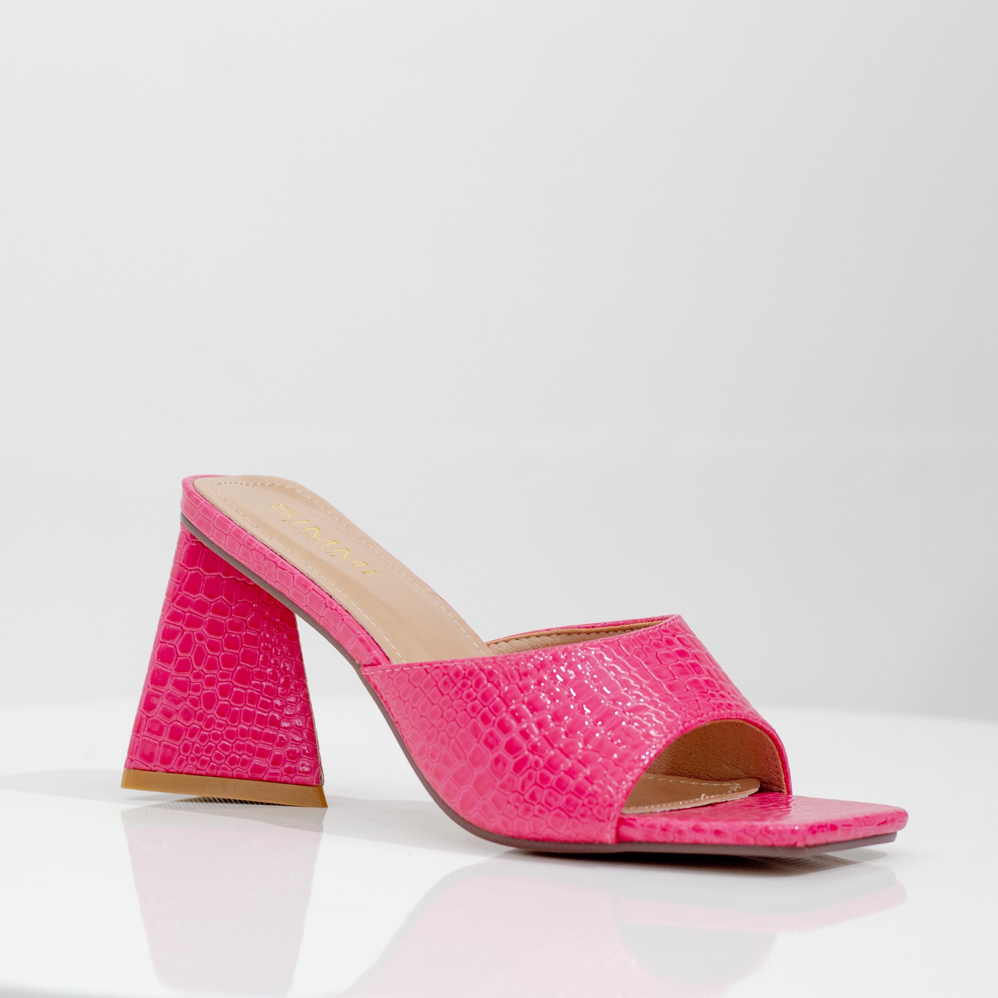 one band croc slide on 8cm heel fuchsia pink