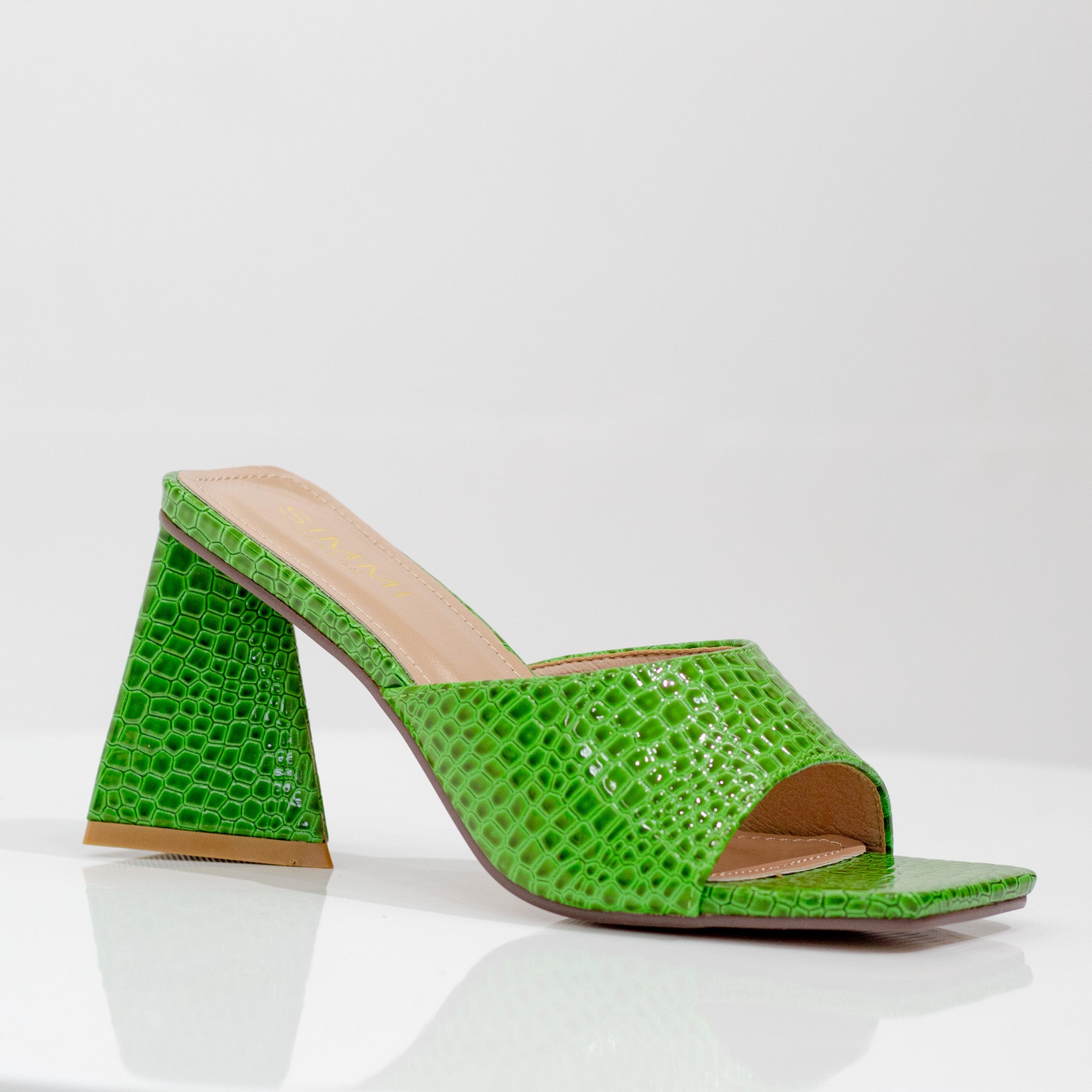 one band croc slide on 8cm heel green