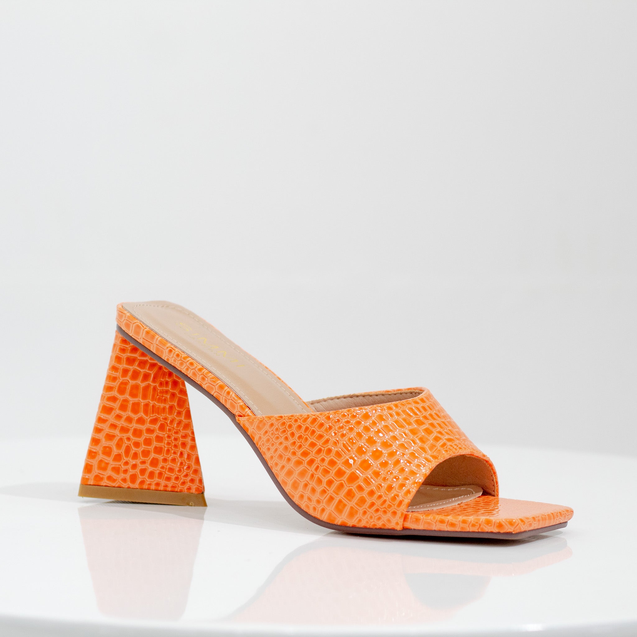 one band croc slide on 8cm heel orange