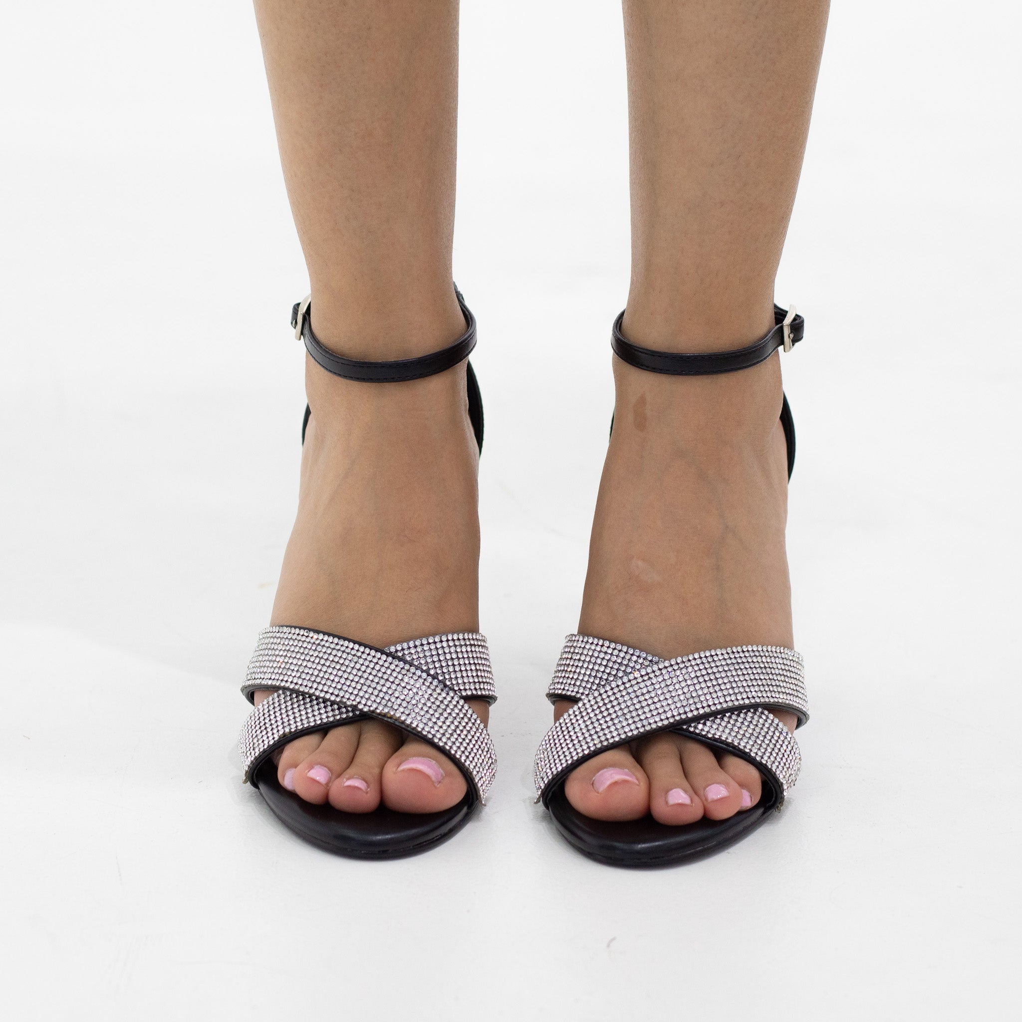 Black diamante band ankle strap 9cm heel sandal romania