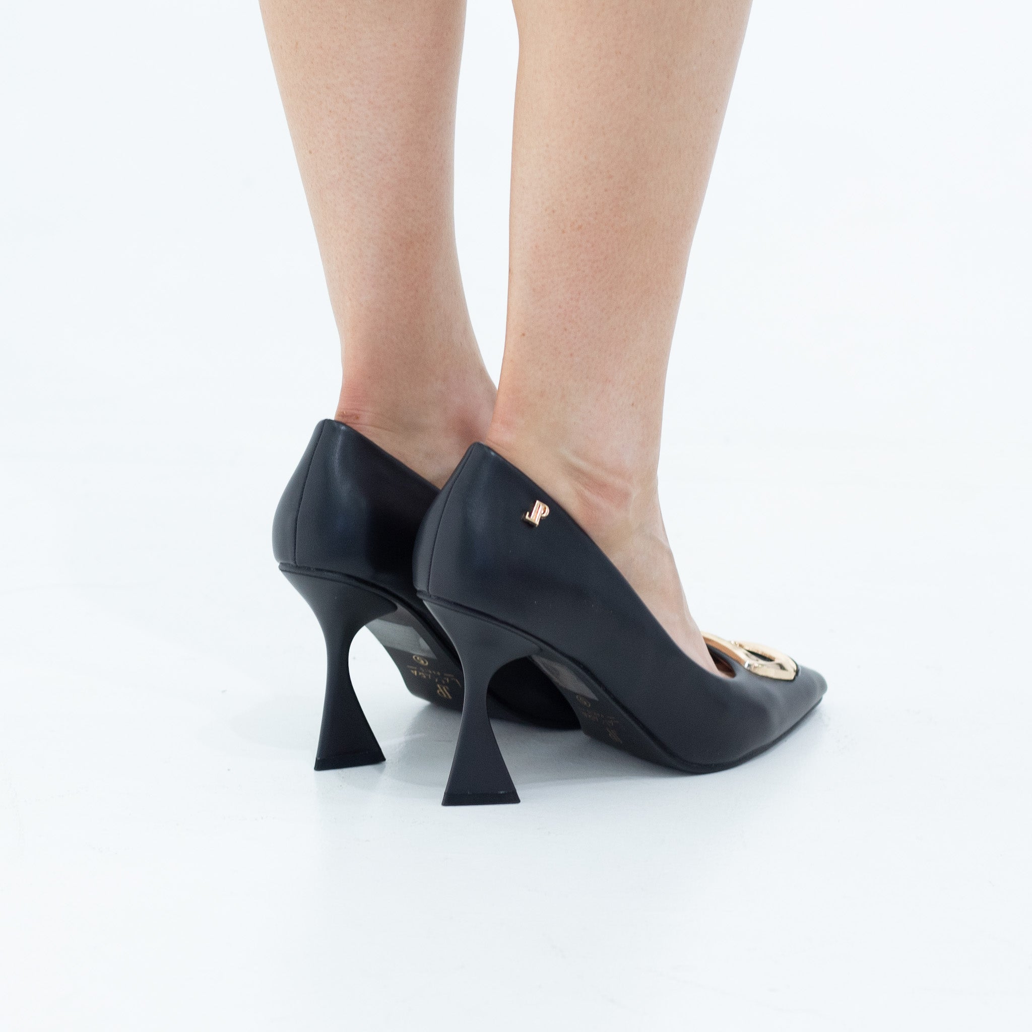Black 9cm heel pointy PU court with square trim binita