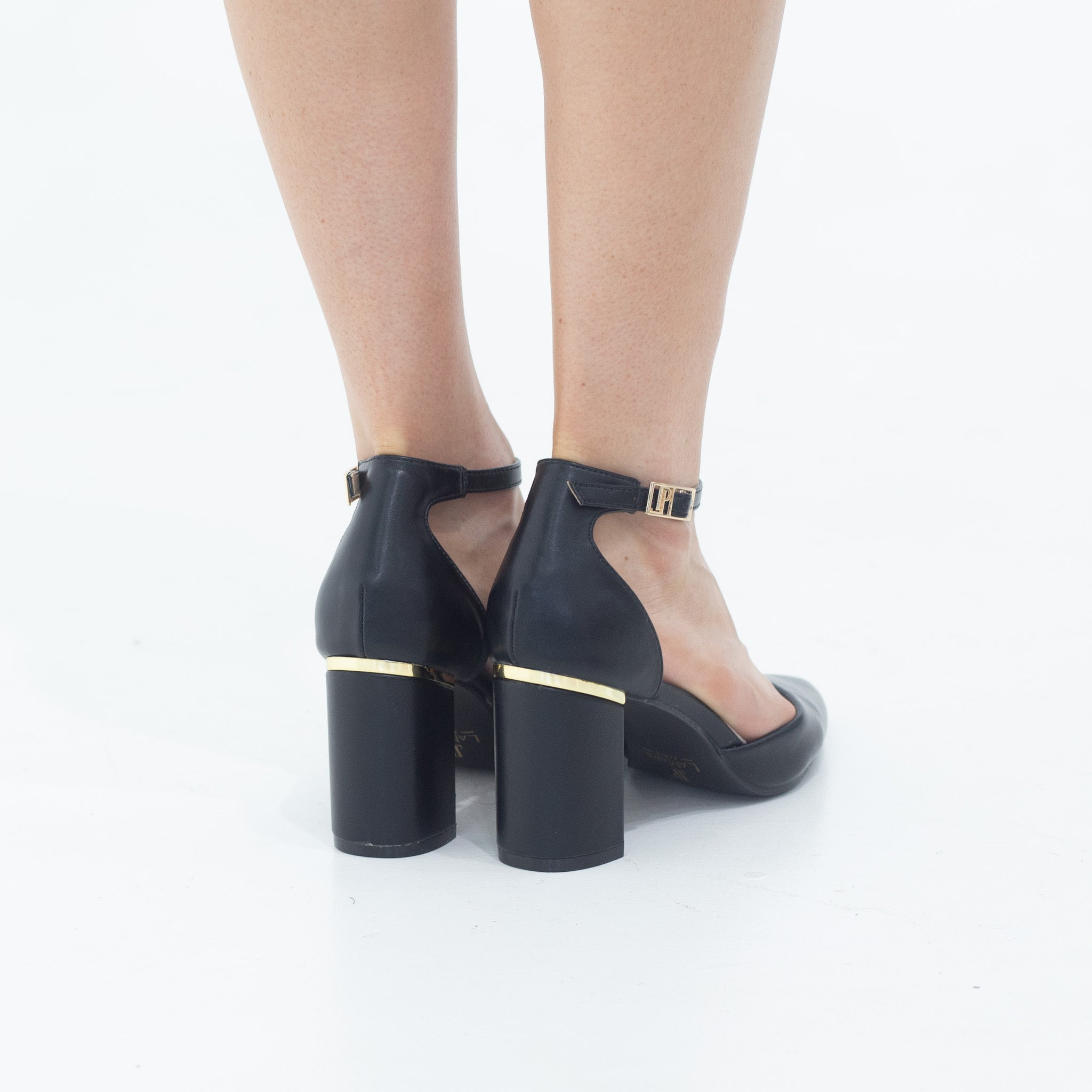 Black open waist pointy on 8cm block heel PU chandri