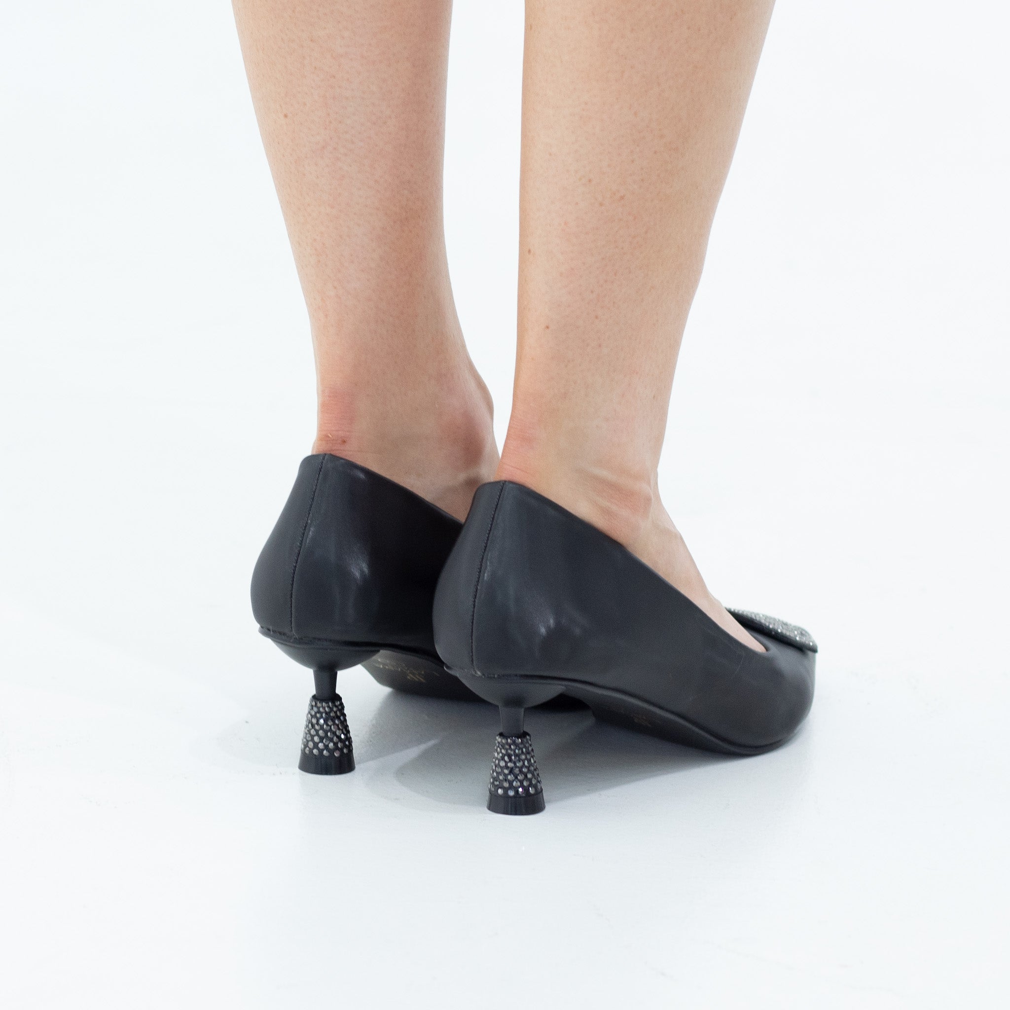 Black 5cm heel satin court with sqr diamante trim hayko