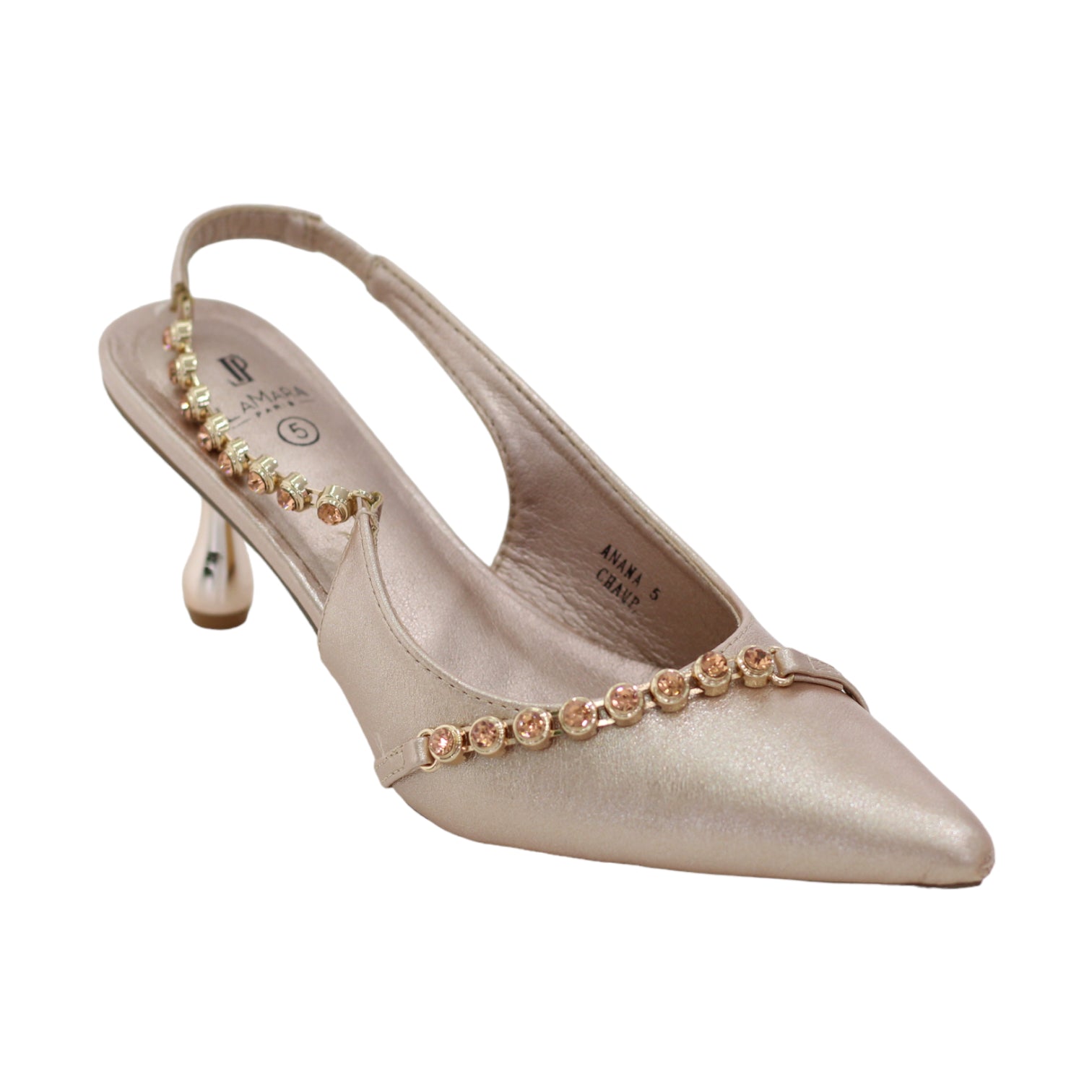 Champagne 6cm heel diamante detailed pointy sling back amana