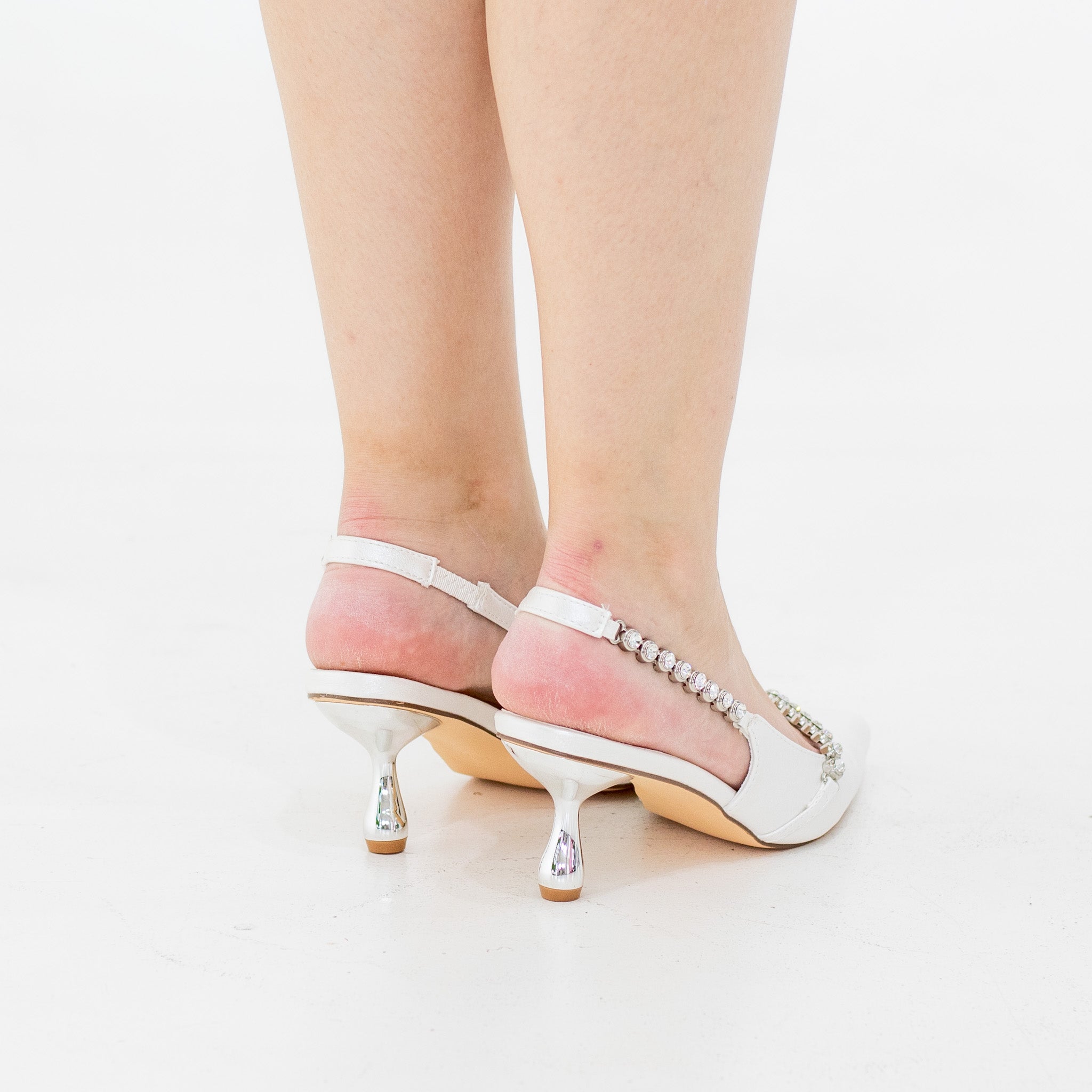 White 6cm heel diamante detailed pointy sling back amana