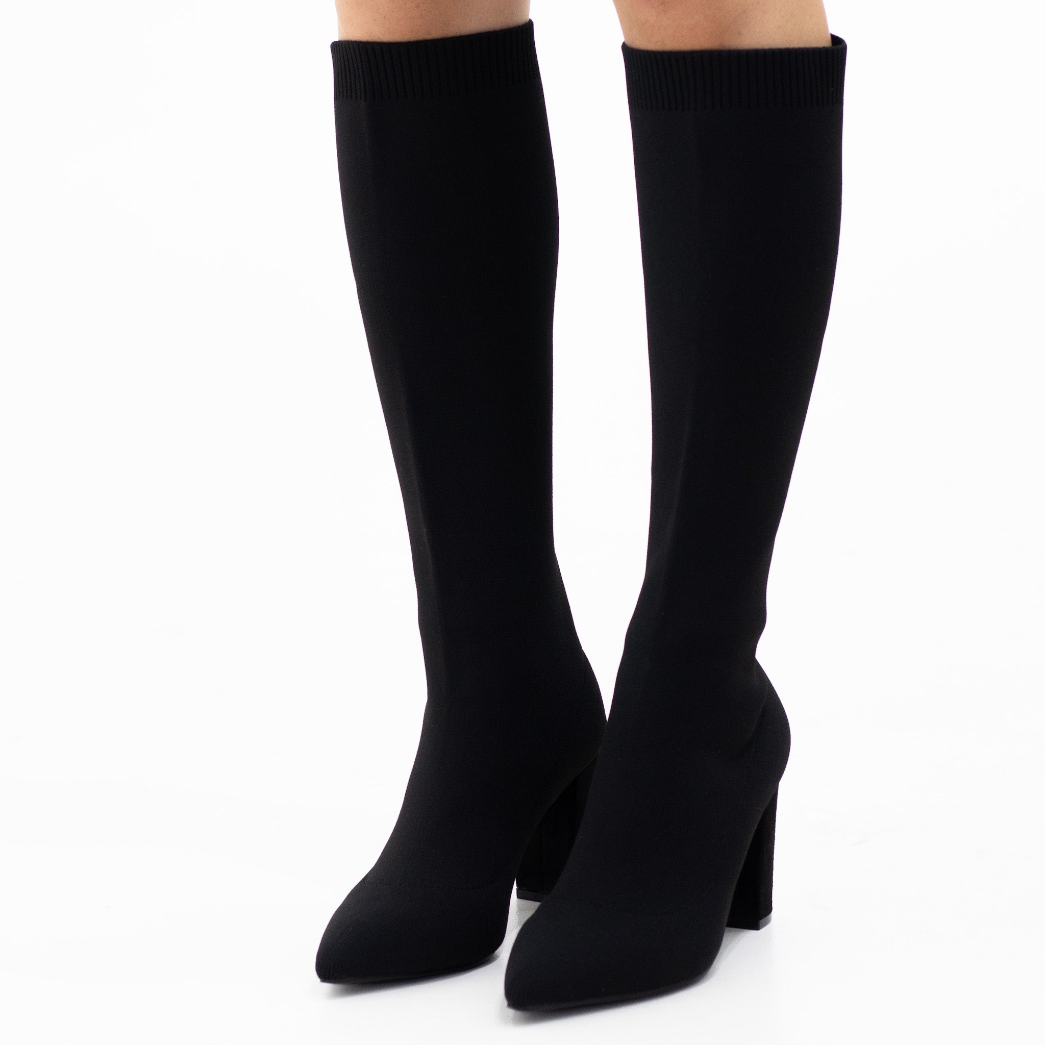 Vadisa stretch fabric knee high boot on a 9cm heel black
