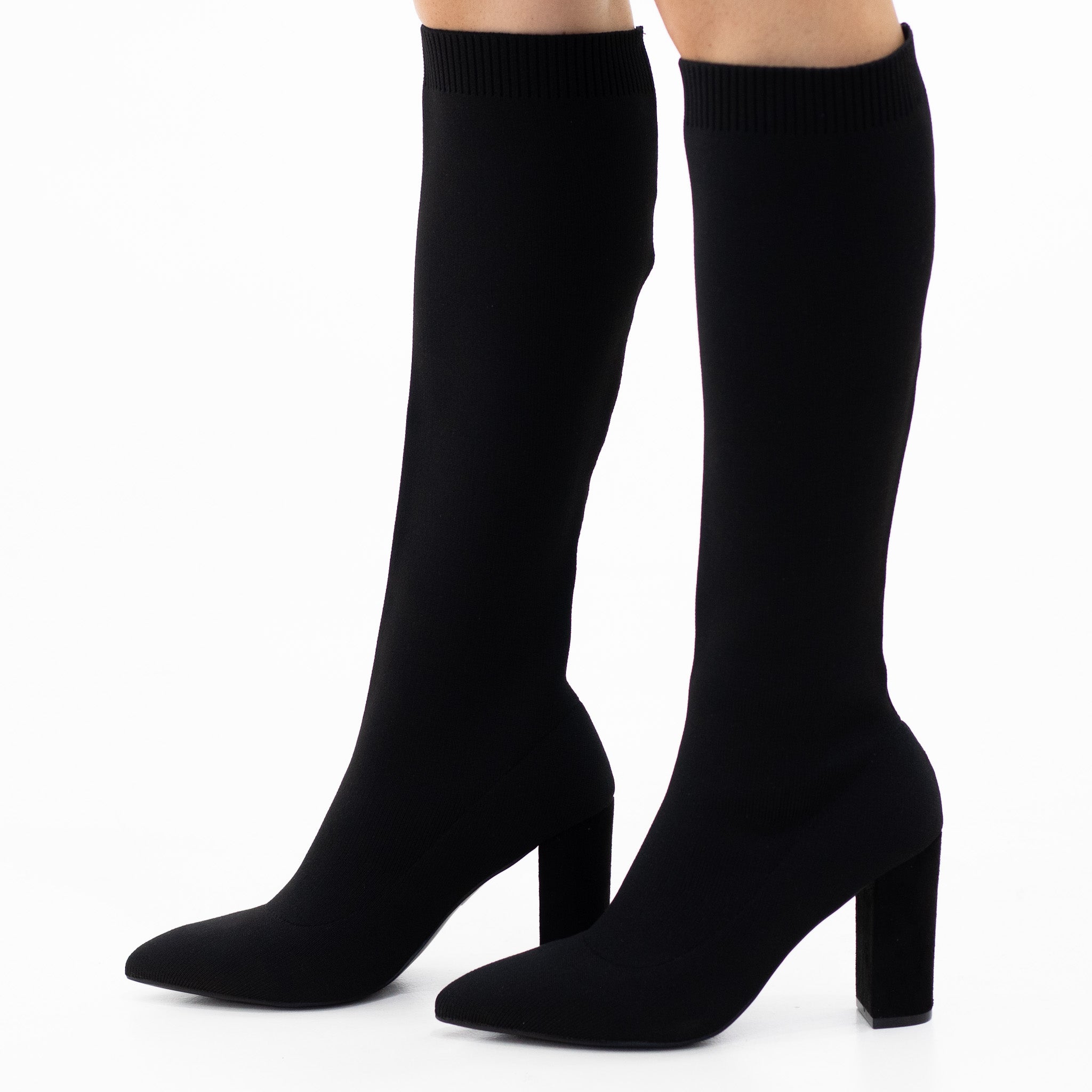 Black stretch fabric knee high boot on a 9cm heel vadisa