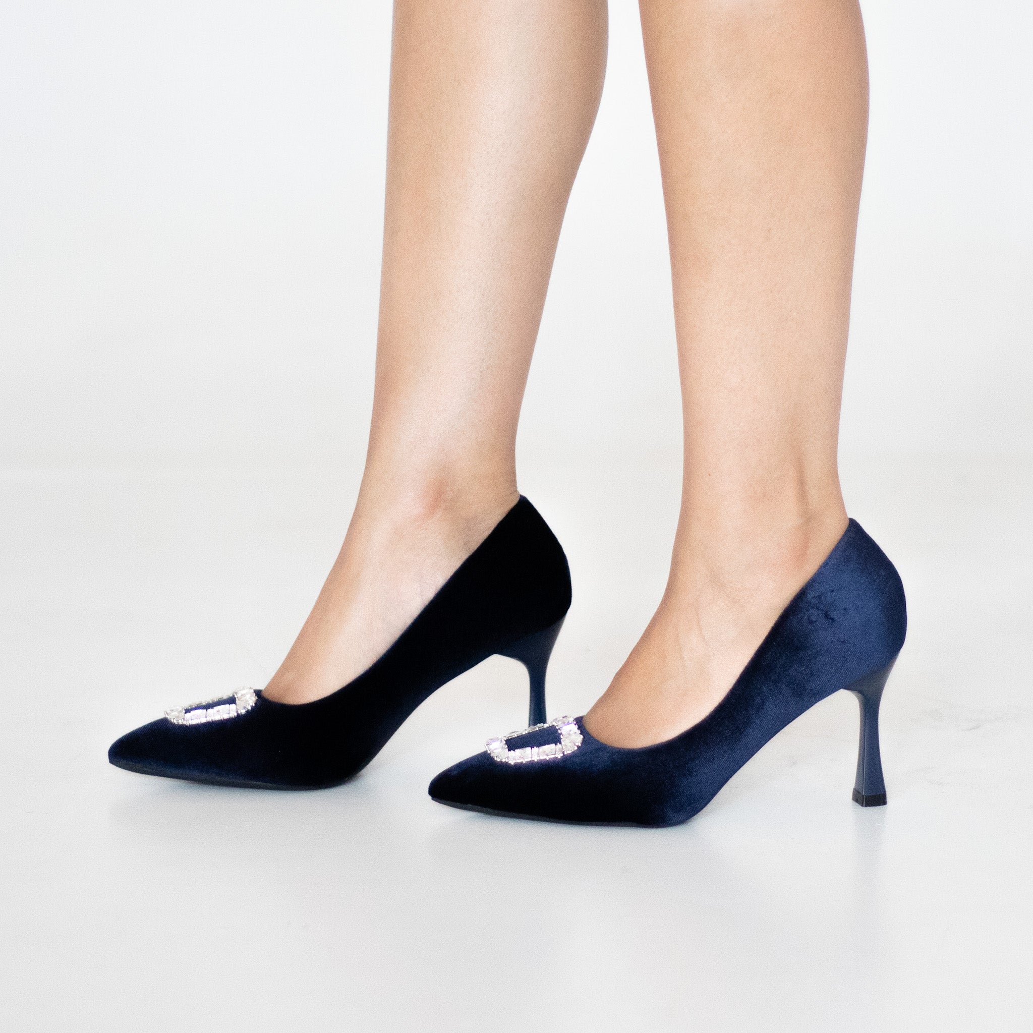 Dark blue 8.5cm heel velvet pointy court with trim taurus