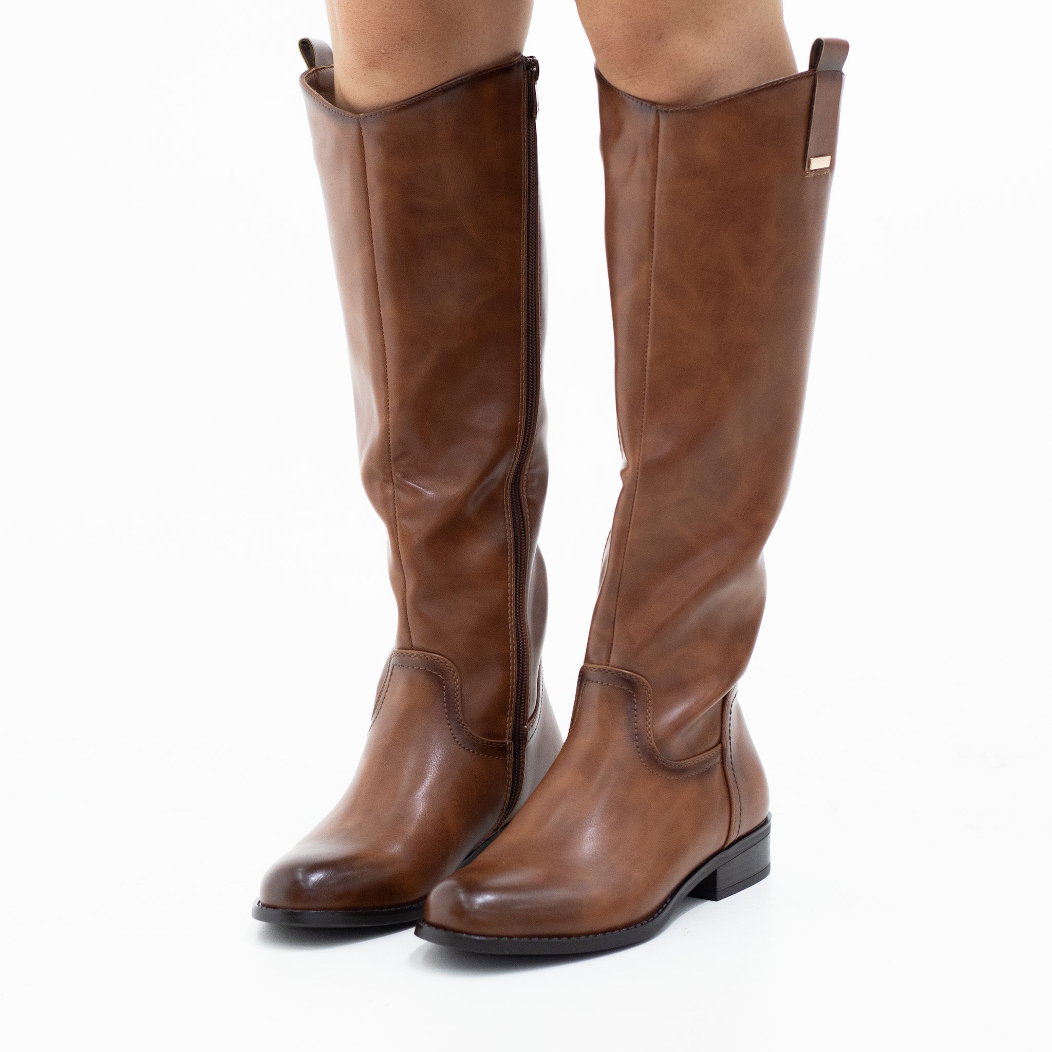 Tan 3cm low heel pu knee high boots eliza