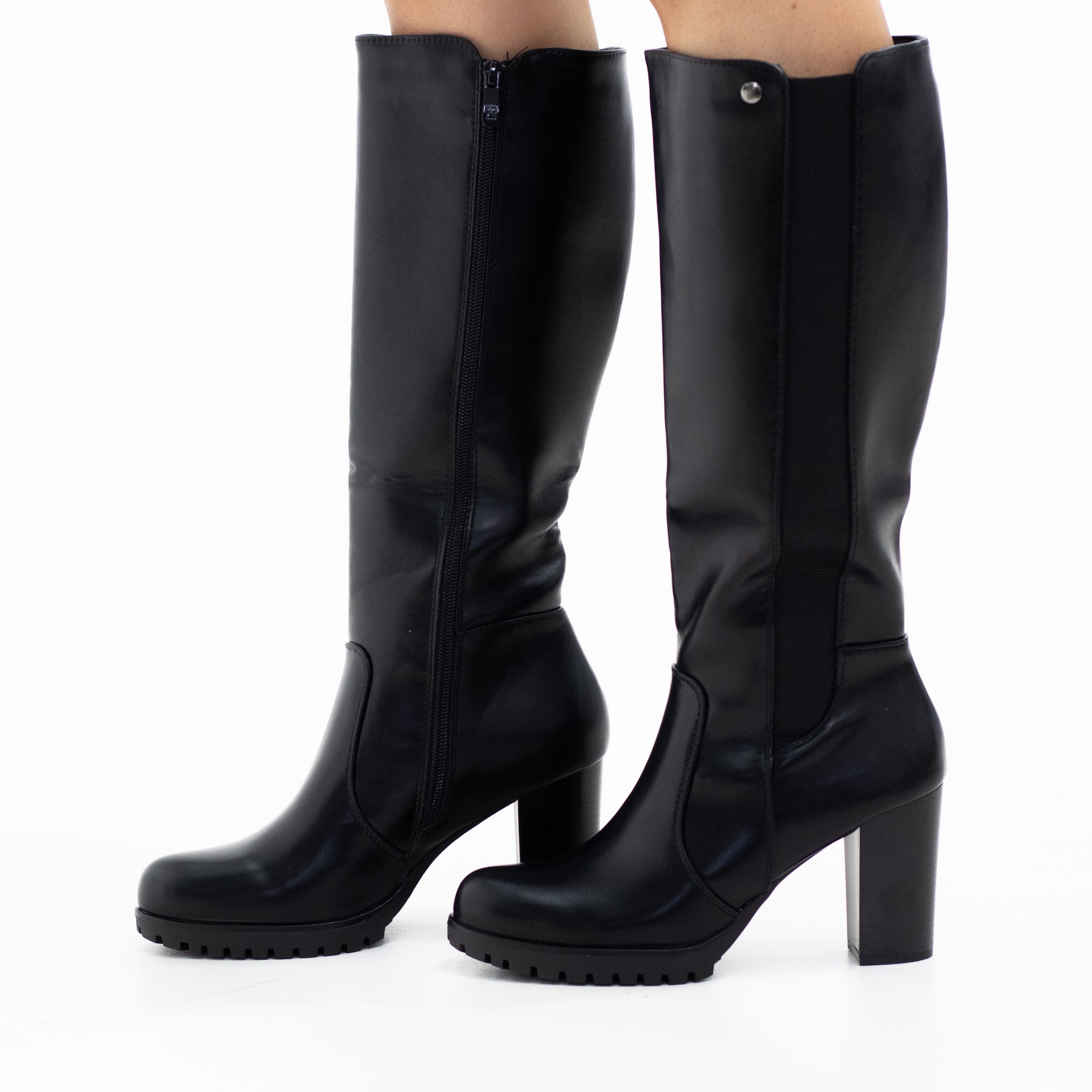 Black knee high boot with elastic mat on 8.5cm heel kazea