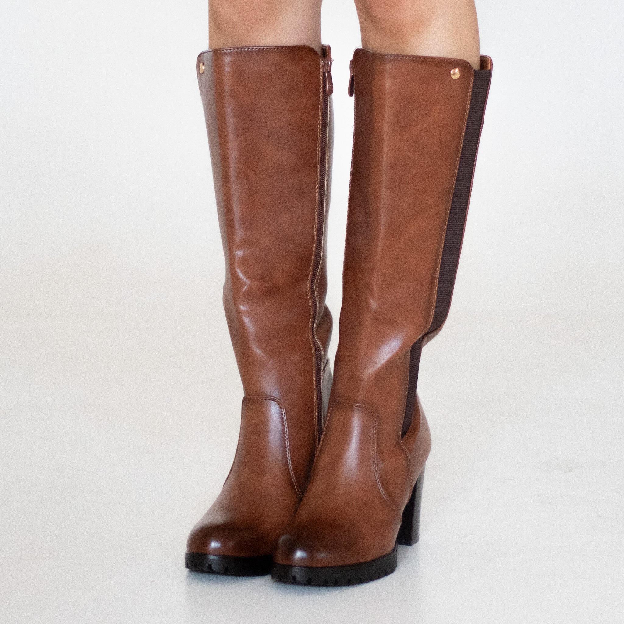 Tan knee high boot with elastic mat on 8.5cm heel kazea
