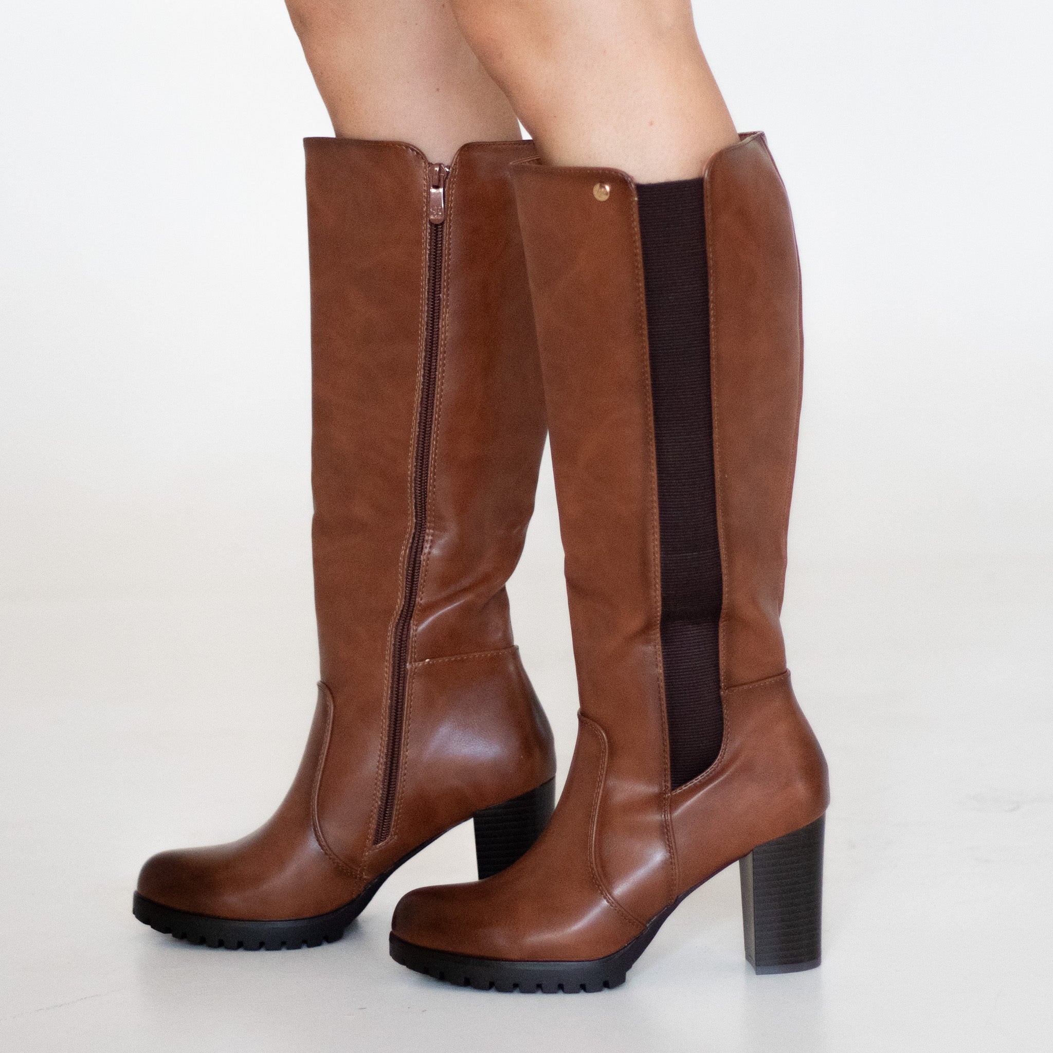 Tan knee high boot with elastic mat on 8.5cm heel kazea